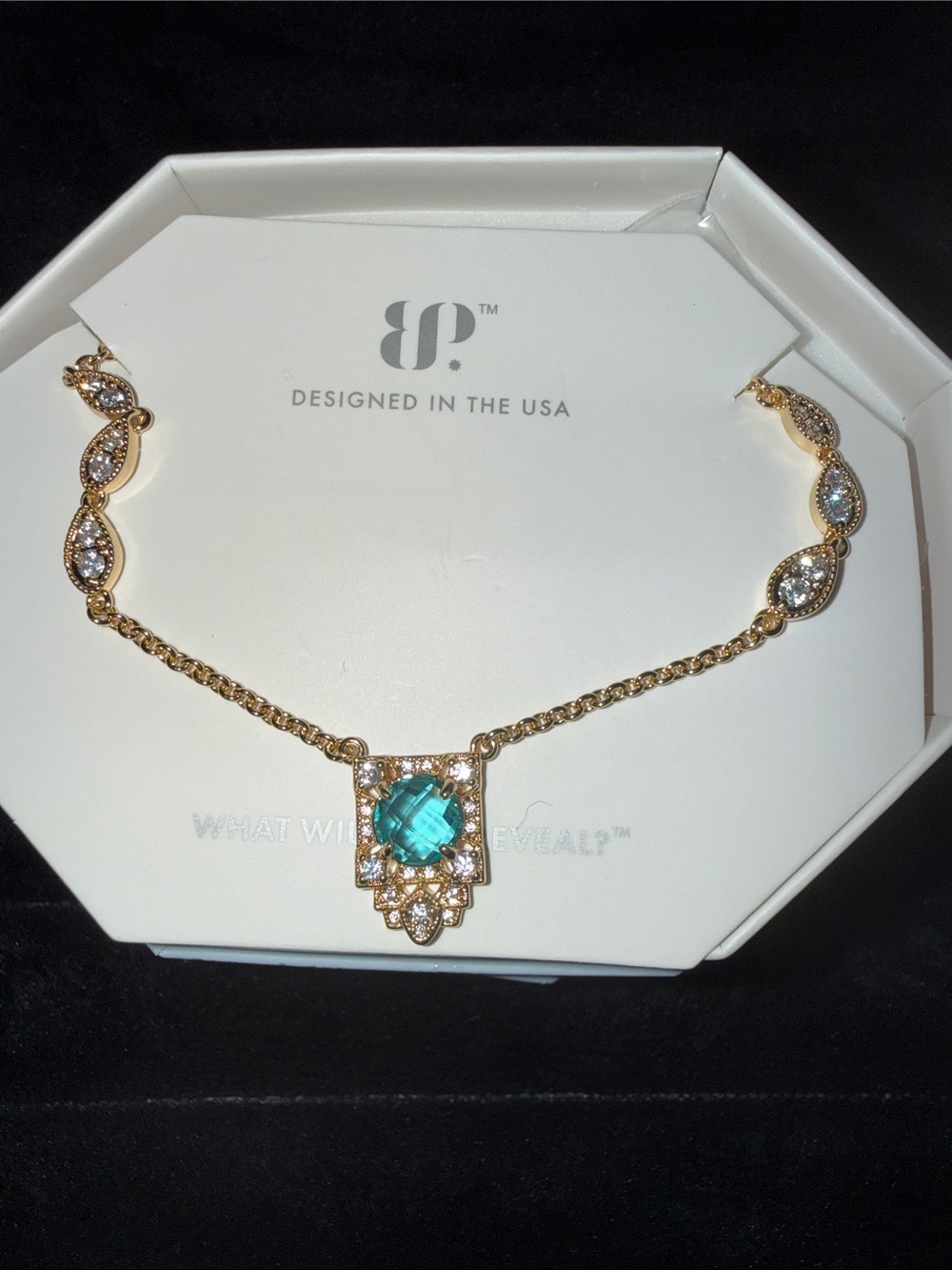 bp Gold-Tone Necklace with Teal Center Stone and Clear Accents